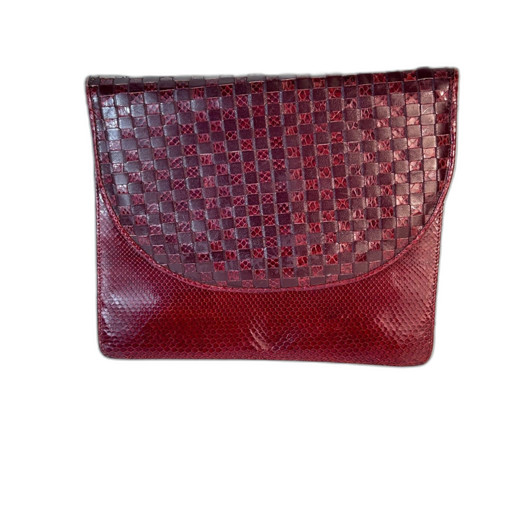 Barbara Bolan & Co Burgundy Genuine Snakeskin Vintage 70s Woven Flap Clutch Bag